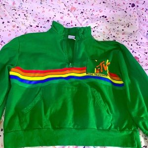 MTV green quarter zip up with rainbow stripe, size XL but fits more like a L